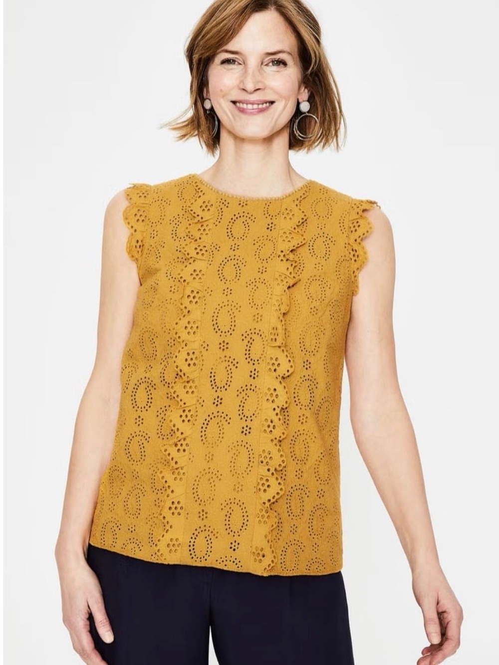 Boden Hallie Broderie Mustard Eyelet Ruffle Blouse Top Size US 6 / UK 10